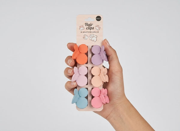 Set di sei pinze per capelli a forma di fiore in colori pastello rosa azzurro viola verde pesca e arancio