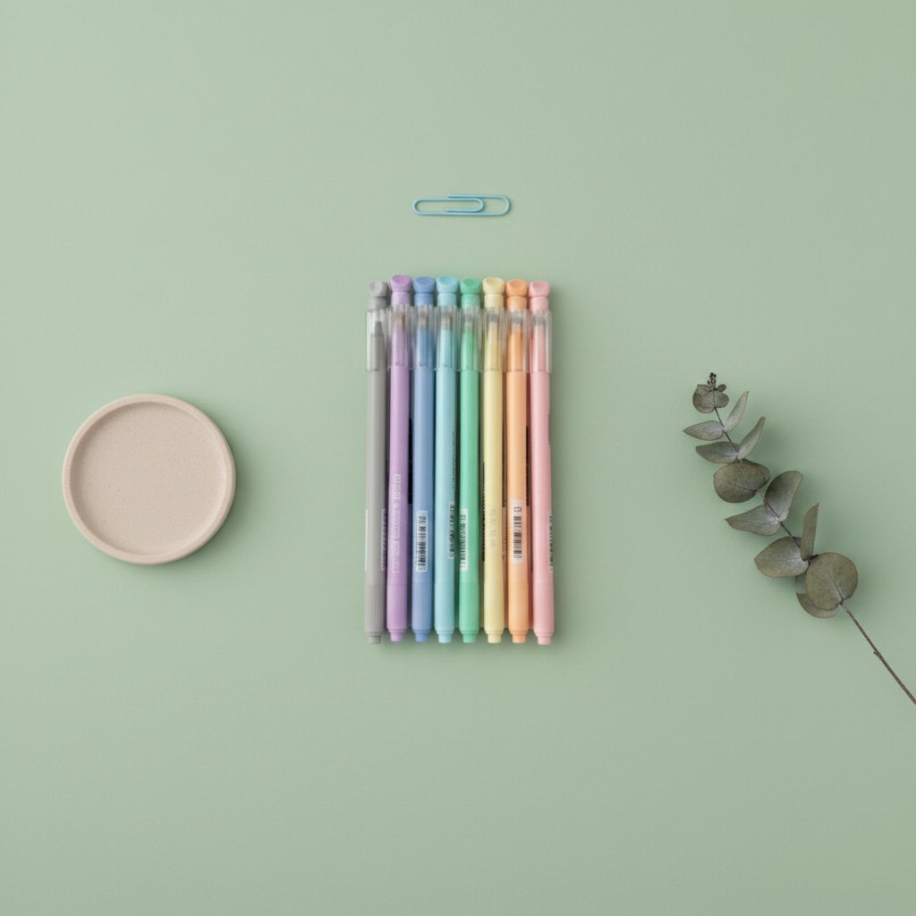 Set 8 penne colorate pastel con tonalità viola, blu, verde, giallo, arancio e rosa su fondo verde salvia