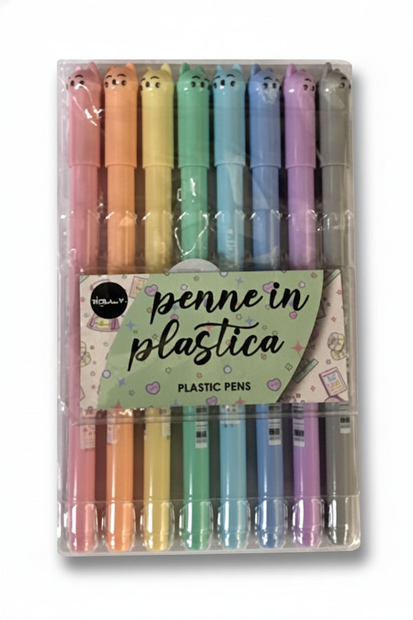 Set di otto penne in tinte pastello con cappuccio a orecchie di gatto e faccine, nella custodia trasparente