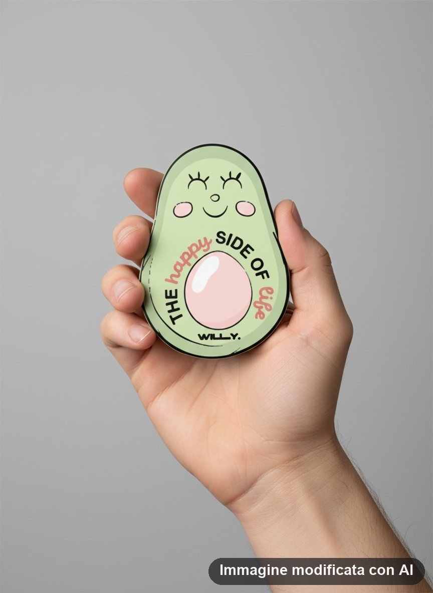 Spilla a forma di avocado verde con faccia sorridente, guance rosa e nocciolo chiaro