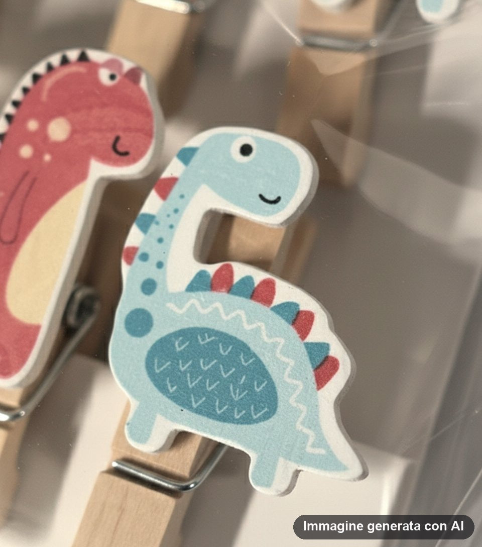 Dieci mollette in legno con dinosauri in tonalita pastello nella confezione trasparente