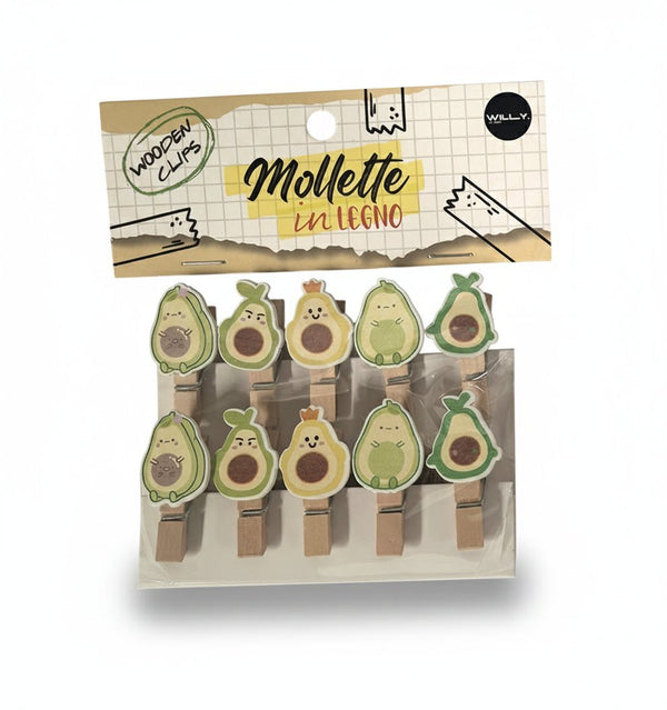 Dieci mollette in legno con avocado disegnati in stile kawaii nella confezione trasparente