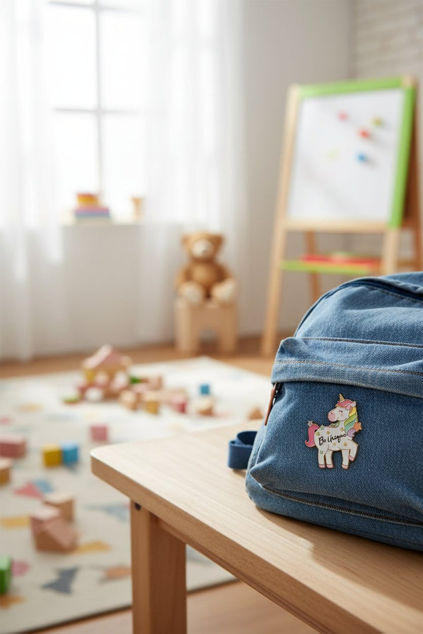Spilla unicorno colorata su zaino blu denim in cameretta con giocattoli e lavagna