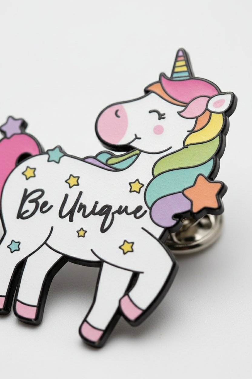 Spilla unicorno bianco con criniera arcobaleno, corno striato, scritta "Be Unique" e stelline dorate