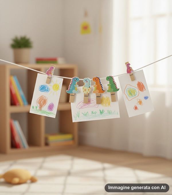 Dieci mollette in legno con dinosauri colorati disegnati in stile cartoon nella confezione