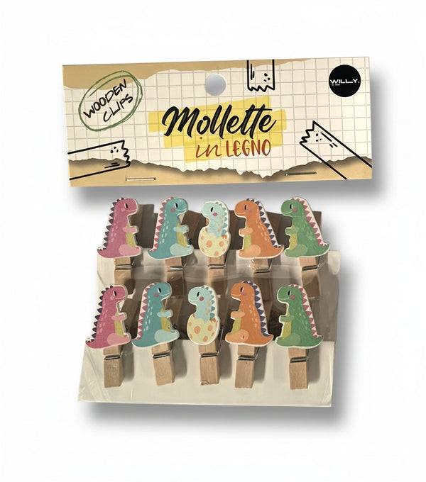 Dieci mollette in legno con dinosauri colorati disegnati in stile cartoon nella confezione