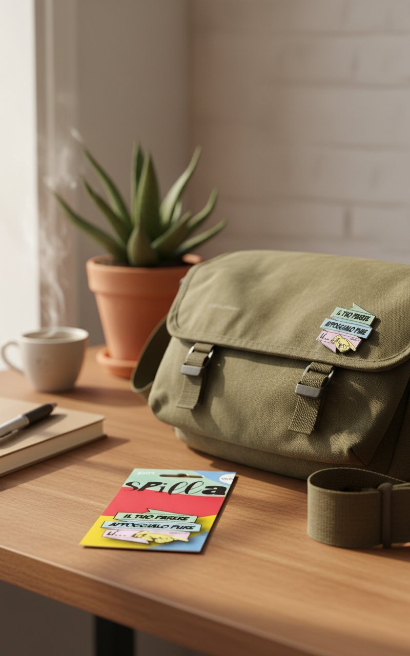 Spilla Parere multicolore su zaino beige in ambiente workspace con pianta succulenta e caffè