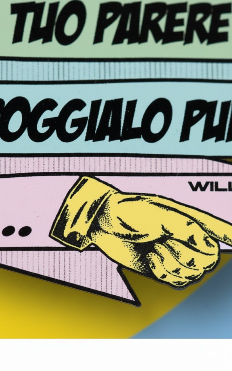 Spilla Parere con pugno giallo in stile fumetto su sfondo rosa e azzurro