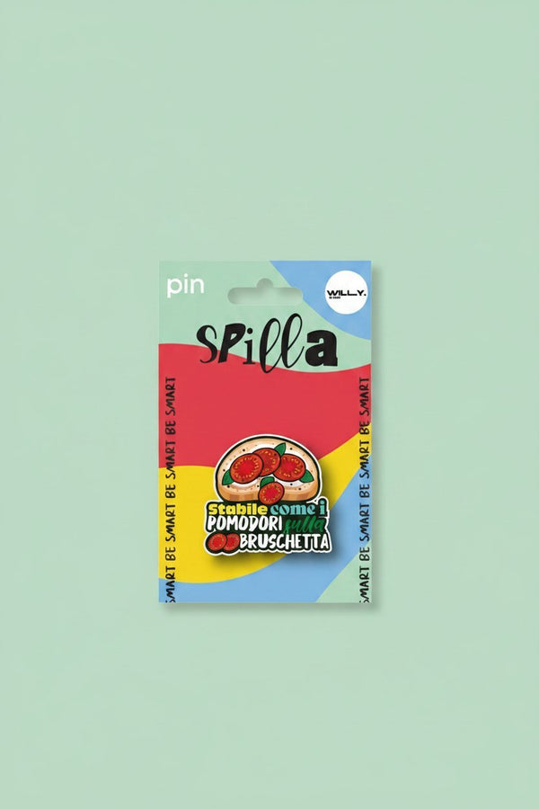 Spilla pomodoro bruschetta colorata con packaging multicolore rosso giallo blu e verde, brand Willy