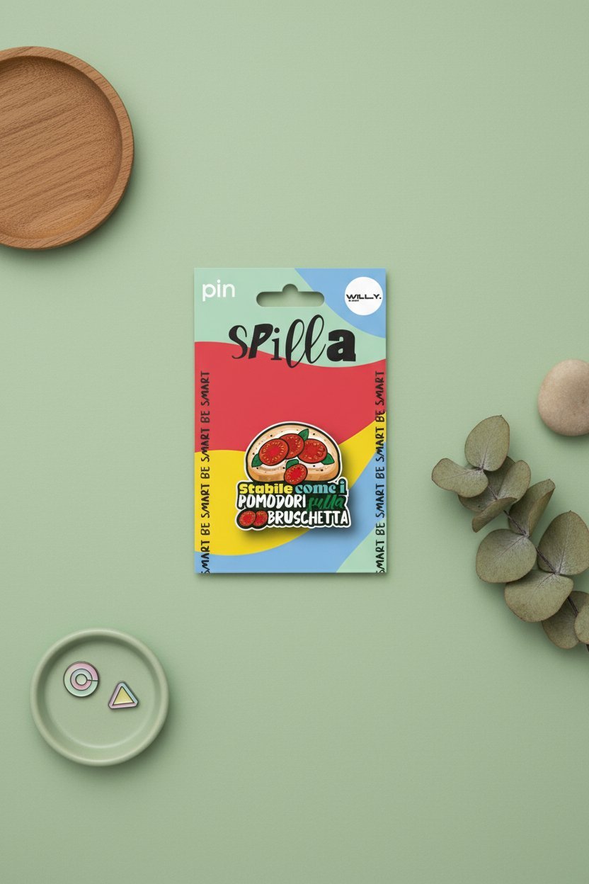 Spilla pomodoro colorata con packaging multicolore su sfondo verde salvia, circondata da accessori in legno e eucalipto