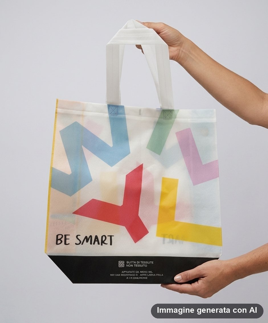 Borsa della spesa in tessuto non tessuto bianca con grandi lettere colorate