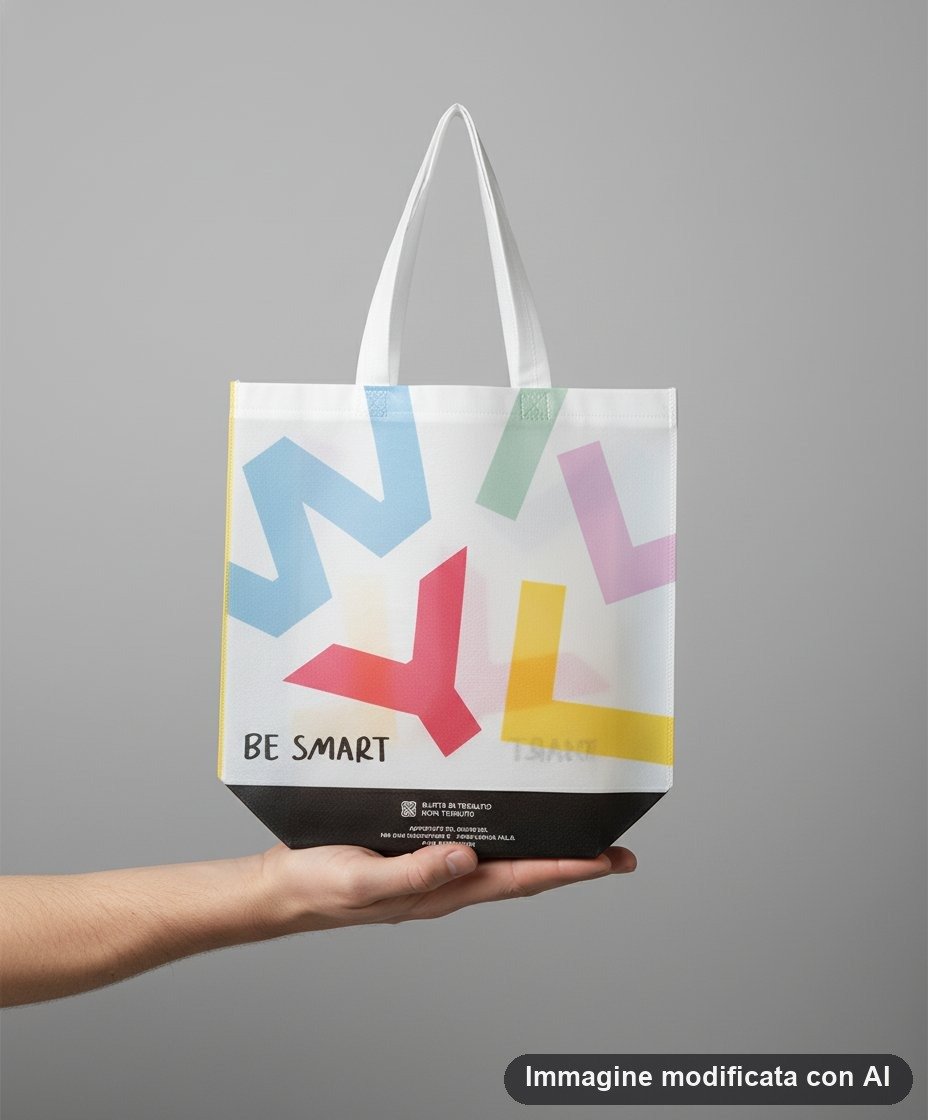 Borsa della spesa in tessuto non tessuto bianca con grandi lettere colorate