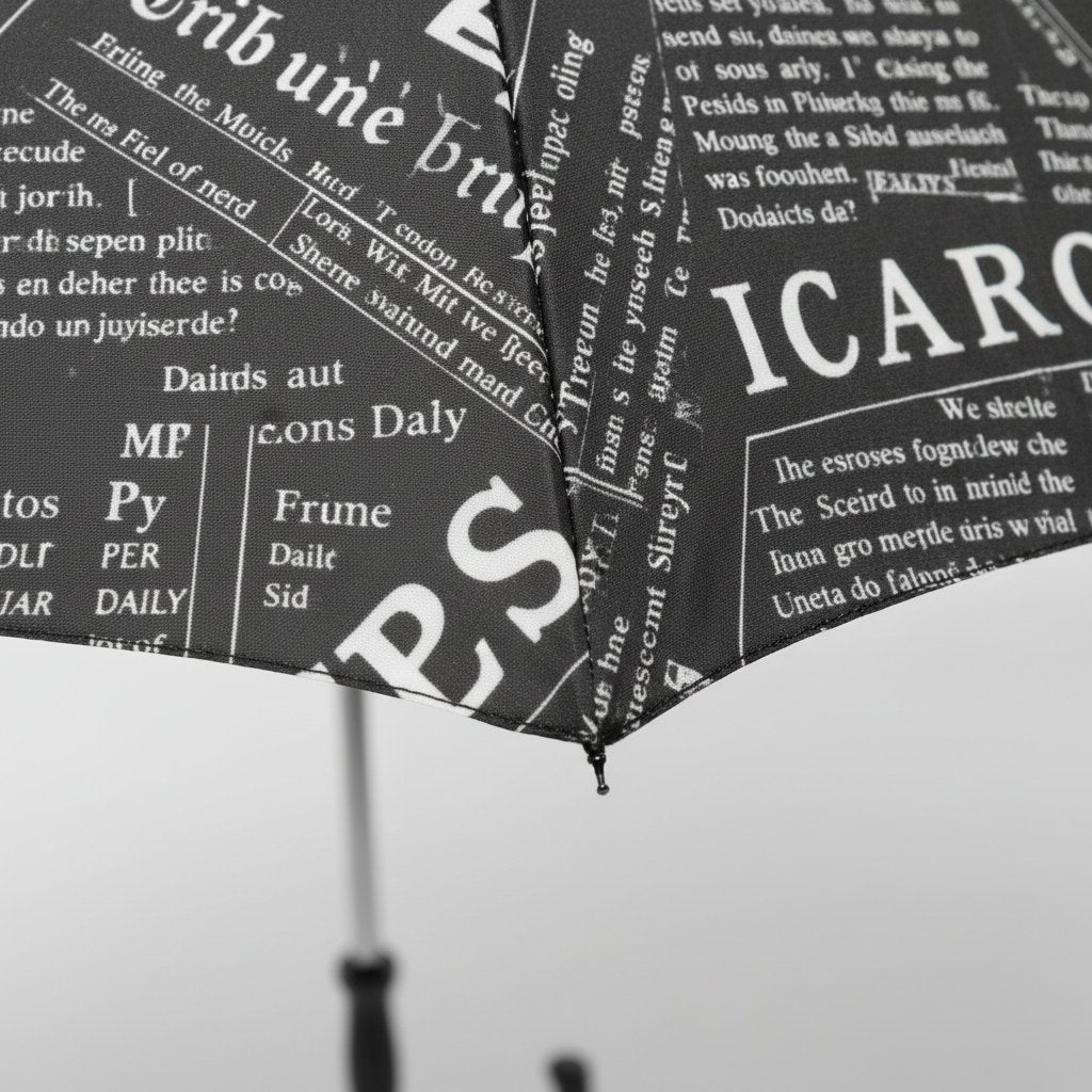 Quattro ombrelli con stampa giornale in nero, blu, rosso e verde, con manico ricurvo nero e un ombrello aperto in primo piano