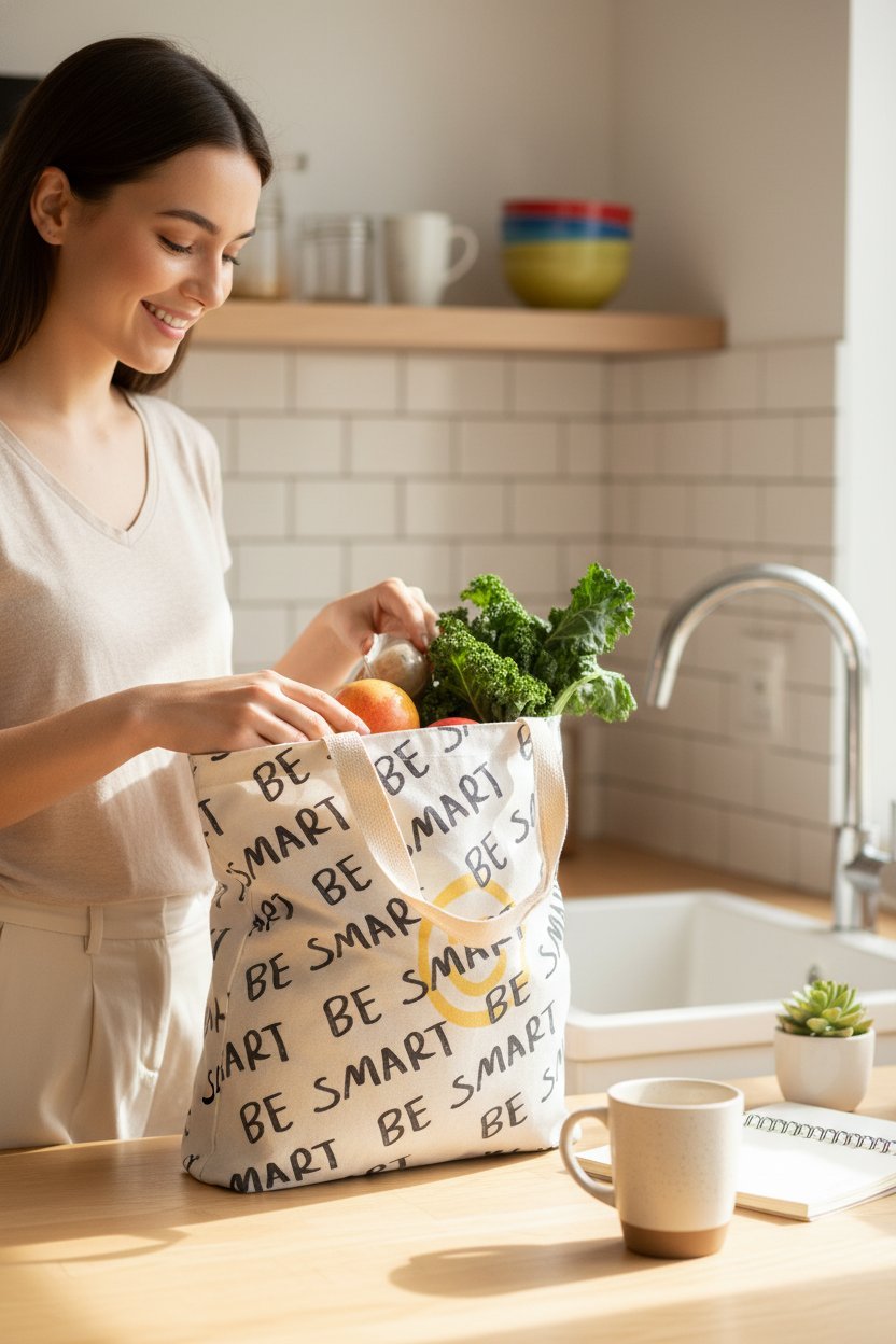 Shopper in cotone con stampa "Be Smart" contenente verdure fresche e frutta in cucina moderna