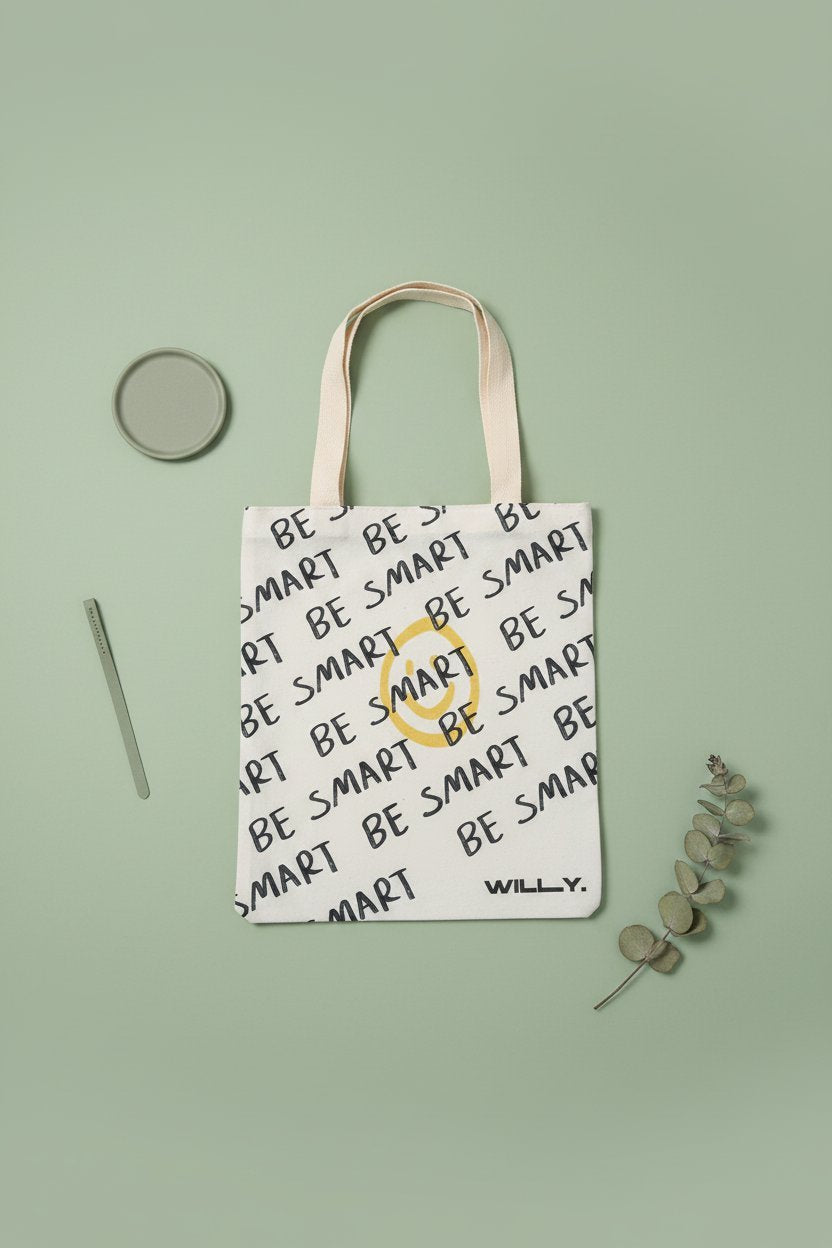 Shopper beige con stampa "Be Smart" nera e dettagli gialli, manici in cotone rosa, su sfondo verde salvia con accessori