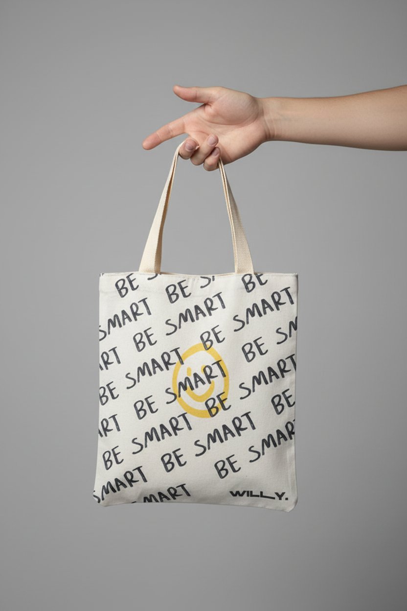 Shopper in cotone beige con stampa ripetuta grigia e dettaglio giallo, tenuta in mano su sfondo grigio