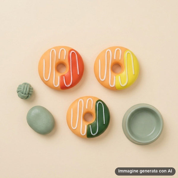 Tre ciambelle giocattolo per animali con glassa bianca e copertura colorata rossa, gialla e verde su sfondo bianco