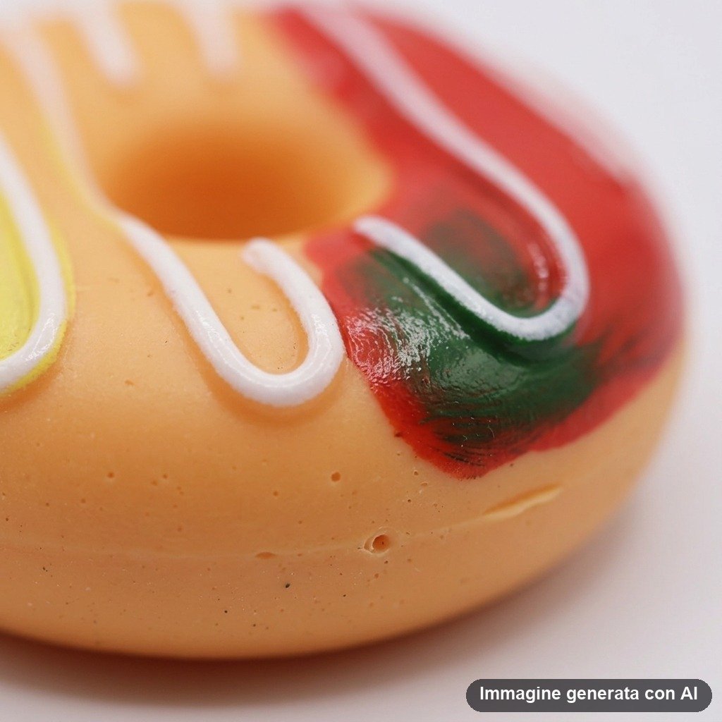 Tre ciambelle giocattolo per animali con glassa bianca e copertura colorata rossa, gialla e verde su sfondo bianco