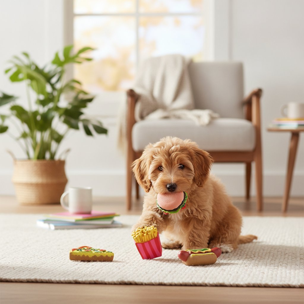 Set di quattro giocattoli per animali domestici a forma di cibo: pizza gialla, hamburger rosa, hot dog marrone e patatine fri