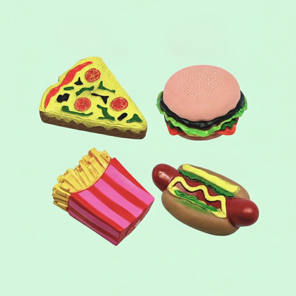 Set di quattro giocattoli per animali domestici a forma di cibo: pizza gialla, hamburger rosa, hot dog marrone e patatine fri