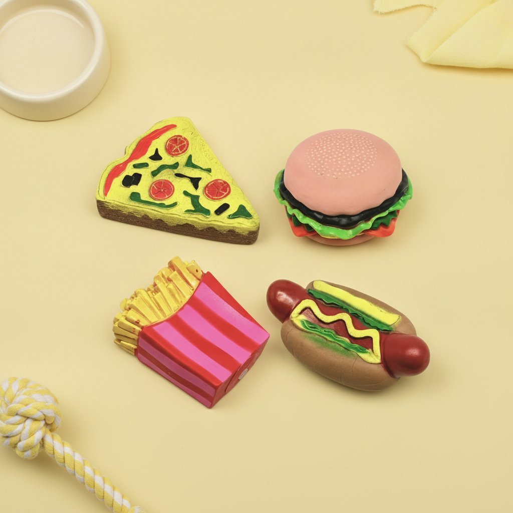 Set di quattro giocattoli per animali domestici a forma di cibo: pizza gialla, hamburger rosa, hot dog marrone e patatine fri