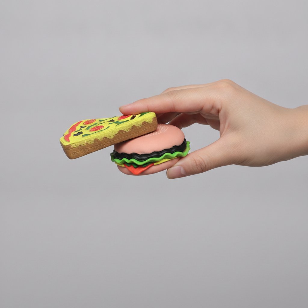 Set di quattro giocattoli per animali domestici a forma di cibo: pizza gialla, hamburger rosa, hot dog marrone e patatine fri
