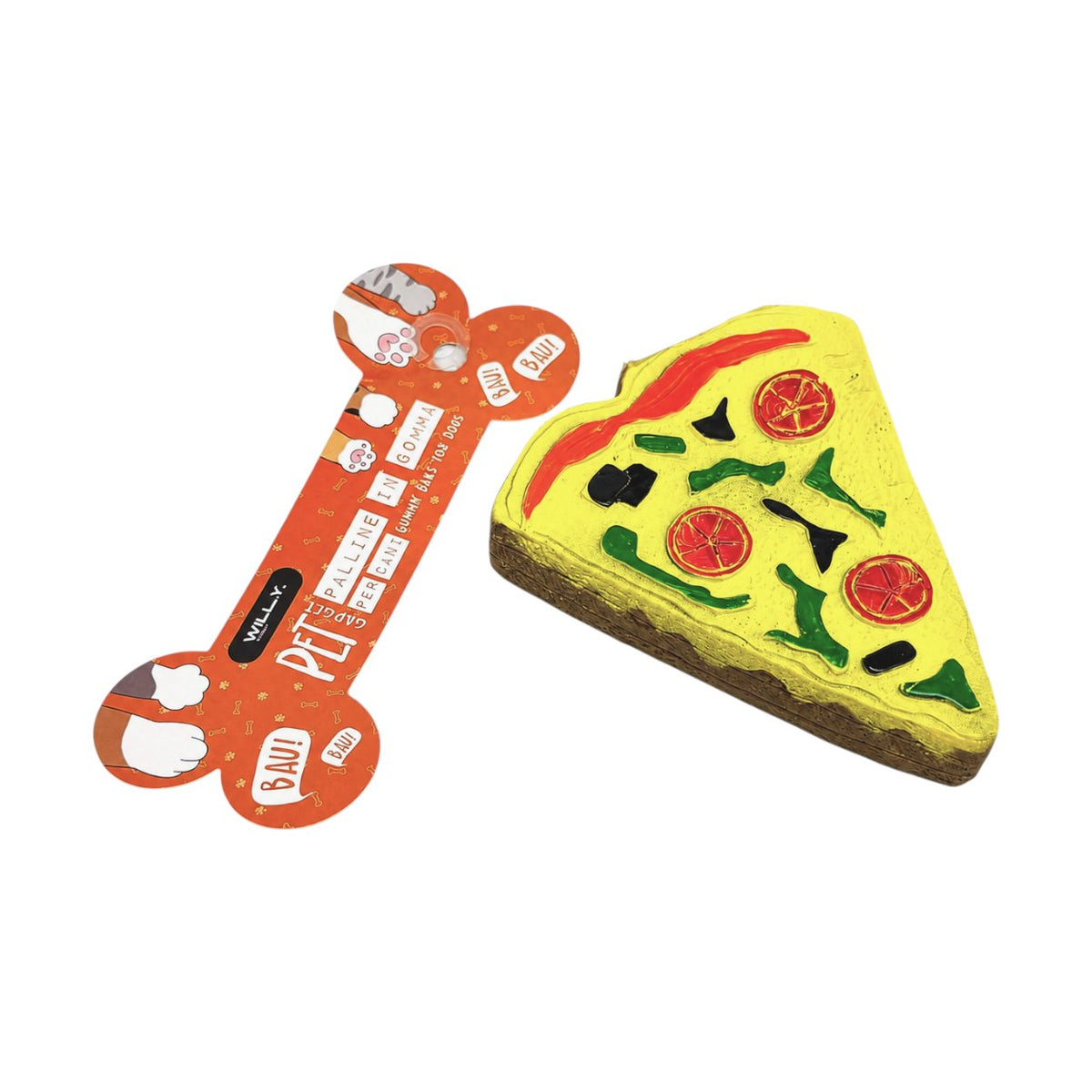 Set di quattro giocattoli per animali domestici a forma di cibo: pizza gialla, hamburger rosa, hot dog marrone e patatine fri