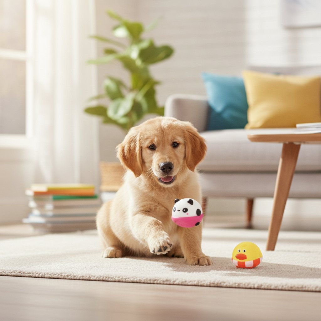 Set di quattro palline gioco per animali domestici con design kawaii, colori giallo, bianco, arancio e rosso con facce tenere