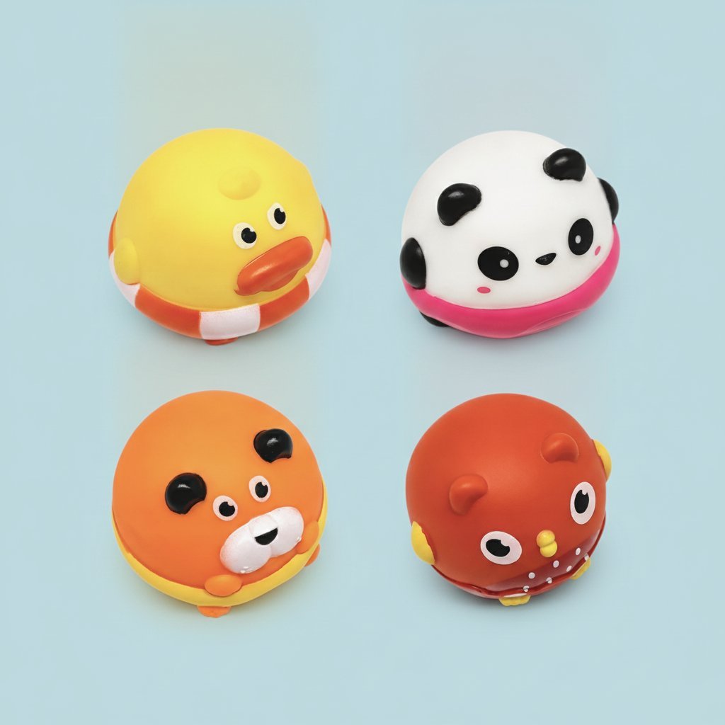 Set di quattro palline gioco per animali domestici con design kawaii, colori giallo, bianco, arancio e rosso con facce tenere