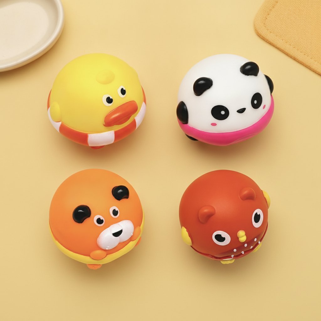 Set di quattro palline gioco per animali domestici con design kawaii, colori giallo, bianco, arancio e rosso con facce tenere