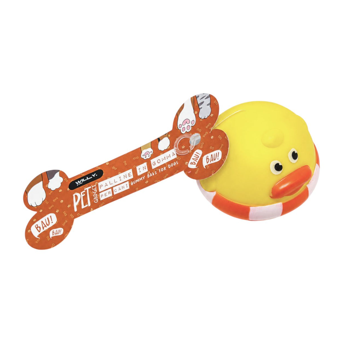 Set di quattro palline gioco per animali domestici con design kawaii, colori giallo, bianco, arancio e rosso con facce tenere