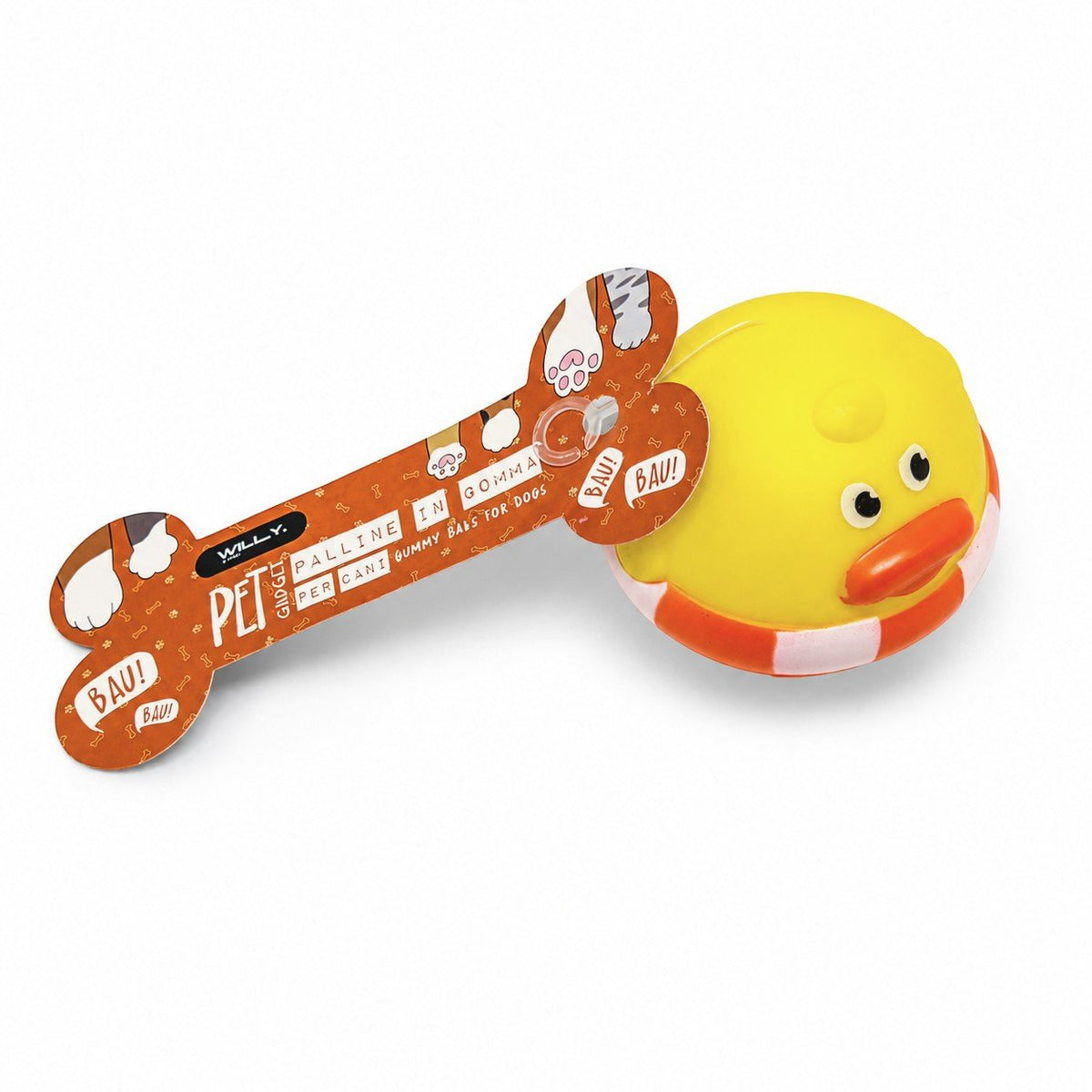 Set di quattro palline gioco per animali domestici con design kawaii, colori giallo, bianco, arancio e rosso con facce tenere