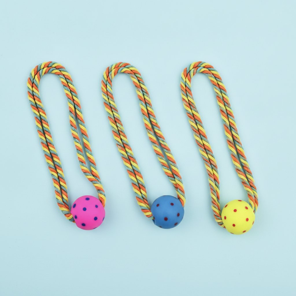 Tre giochi per cani con corda intrecciata arcobaleno e pallina colorata con pois nei colori rosa, blu e giallo