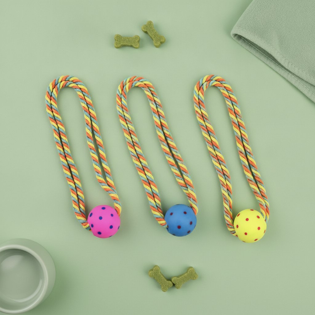 Tre giochi per cani con corda intrecciata arcobaleno e pallina colorata con pois nei colori rosa, blu e giallo