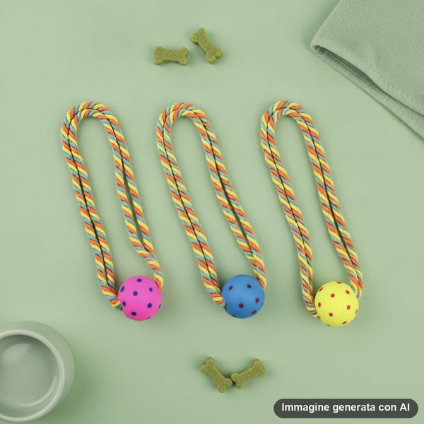 Tre giochi per cani con corda intrecciata arcobaleno e pallina colorata con pois nei colori rosa, blu e giallo