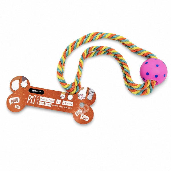 Tre giochi per cani con corda intrecciata arcobaleno e pallina colorata con pois nei colori rosa, blu e giallo