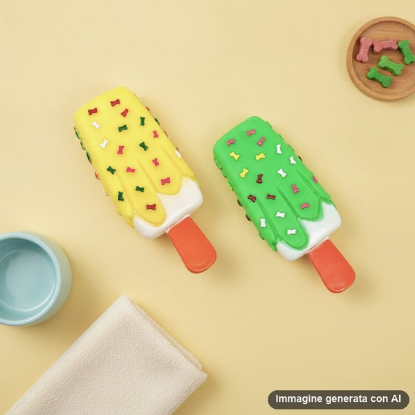 Due giocattoli a forma di gelato morbido per animali domestici, uno giallo e uno verde con bastoncino rosso arancione