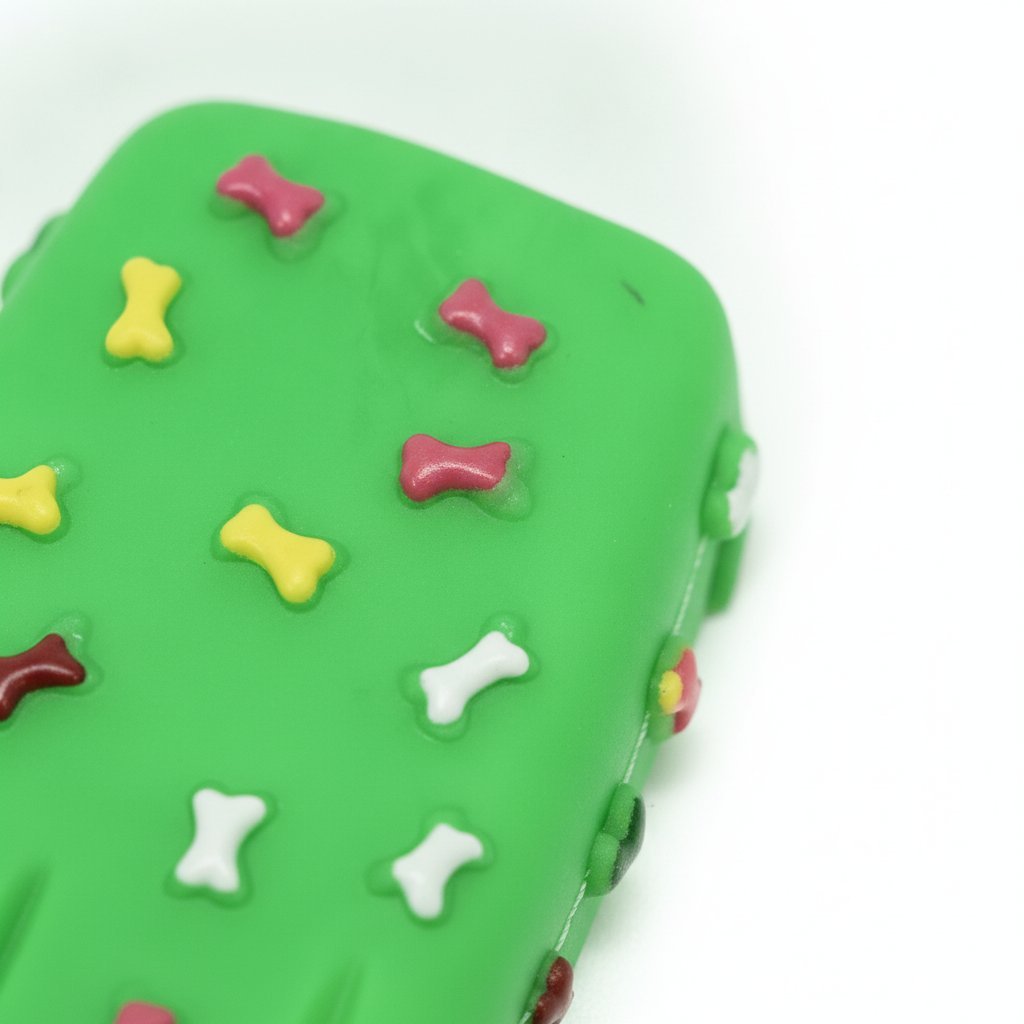 Due giocattoli a forma di gelato morbido per animali domestici, uno giallo e uno verde con bastoncino rosso arancione