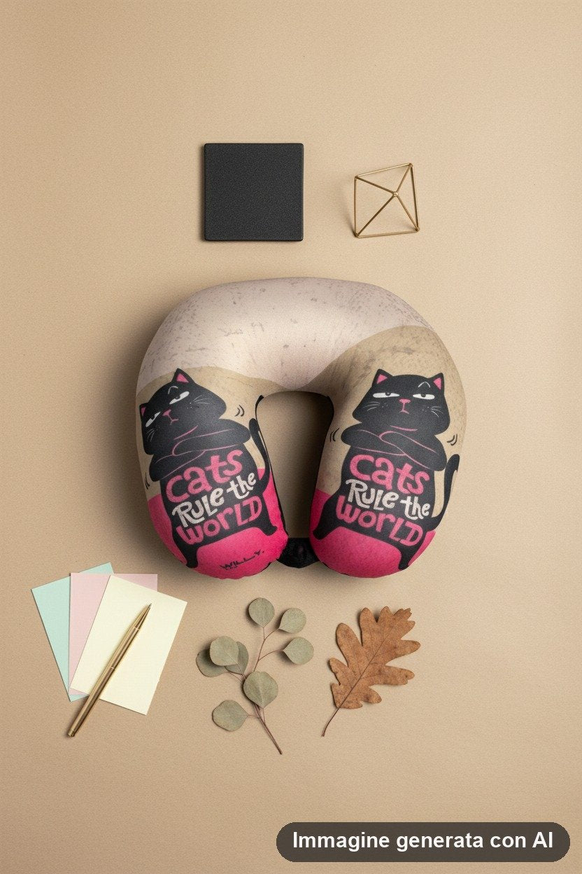 Cuscino da viaggio a ferro di cavallo beige e fucsia con gatti neri disegnati