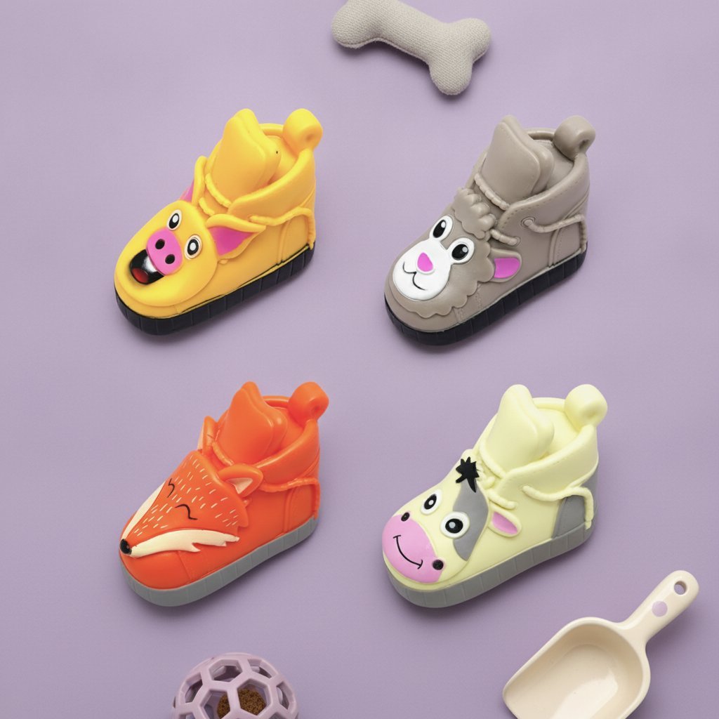 Set di quattro scarpette per animali domestici a forma di pulcino giallo, coniglio grigio, volpe arancione e mucca gialla con