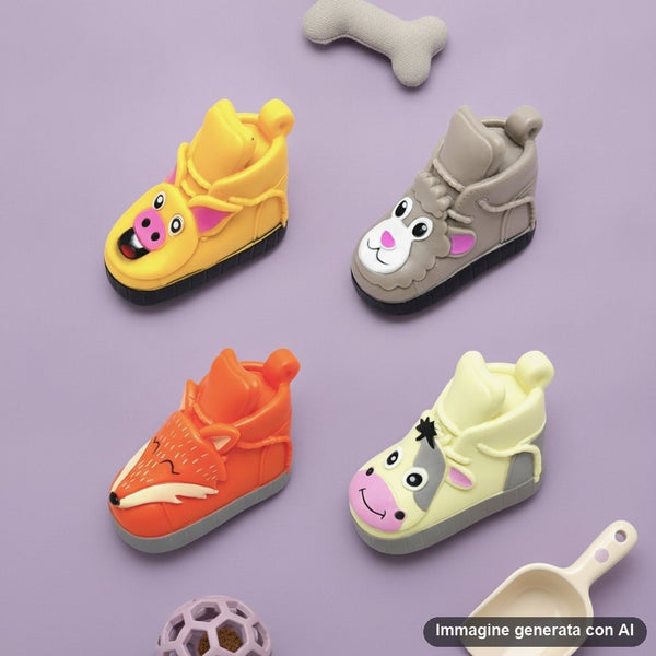 Set di quattro scarpette per animali domestici a forma di pulcino giallo, coniglio grigio, volpe arancione e mucca gialla con