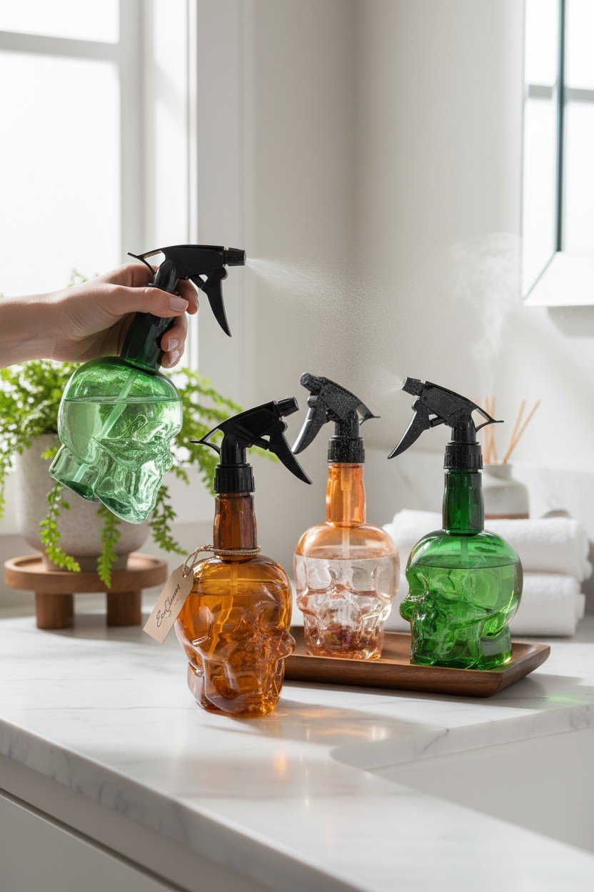 Spruzzatore Skull 550ml verde e marrone con liquido, circondato da altri flaconi colorati su superficie marmorea bianca
