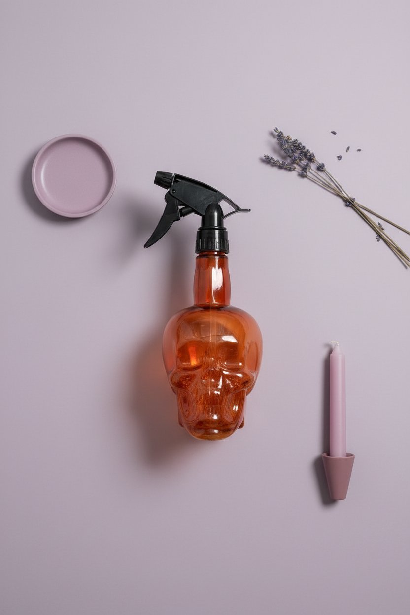 Spruzzatore skull 550ml ambra con trigger nero, circondato da candela rosa, lavanda secca e ciotola rosa su sfondo lilla