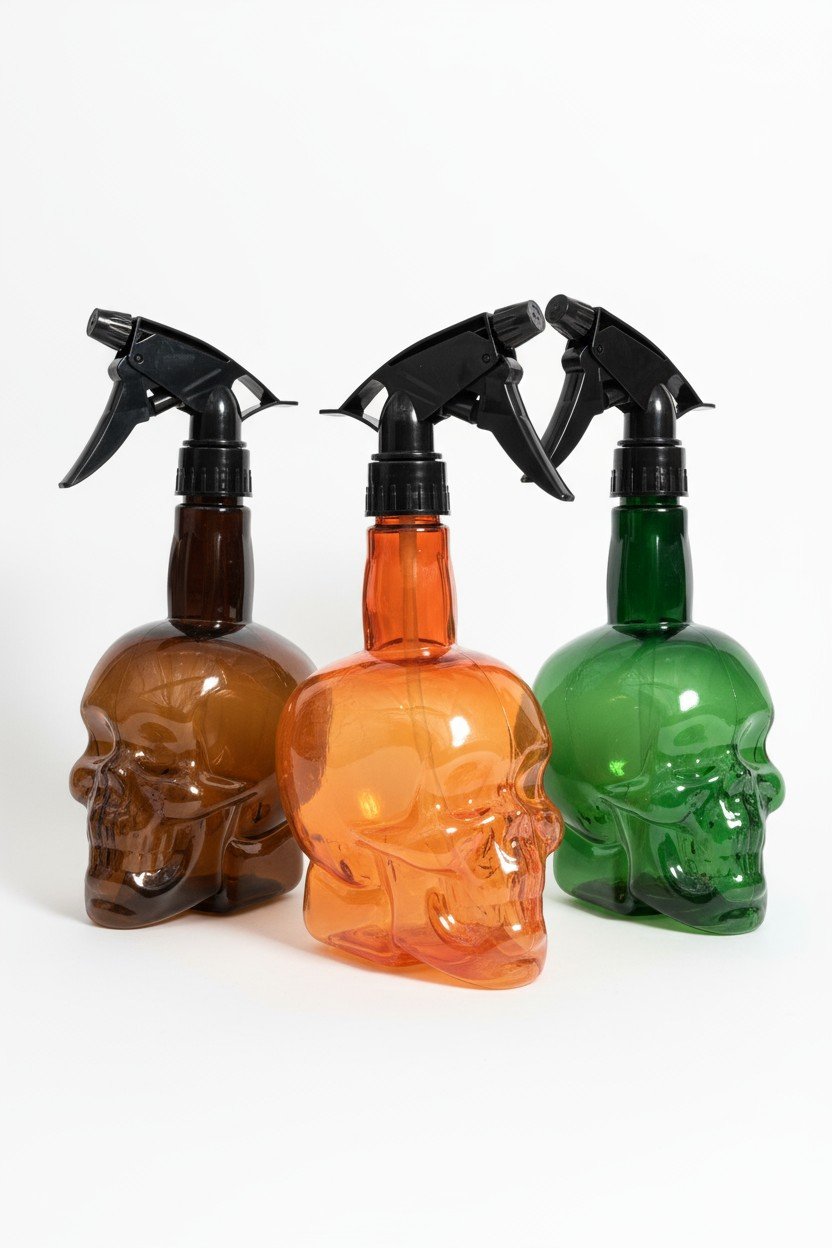 Tre spruzzatori skull da 550ml in vetro colorato: marrone, arancione e verde con trigger nero