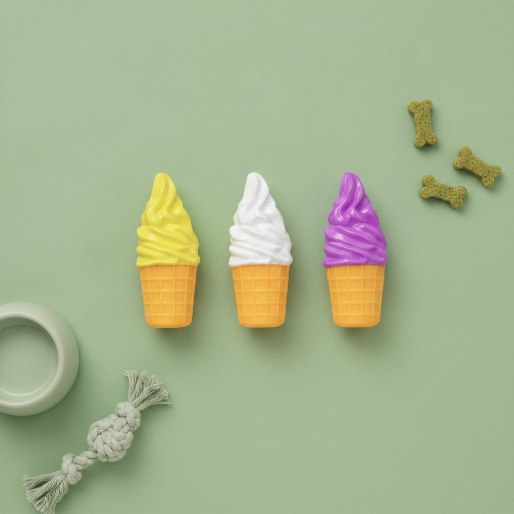 Tre giocattoli per animali a forma di gelato in cono: uno giallo, uno bianco e uno viola con squeak integrato