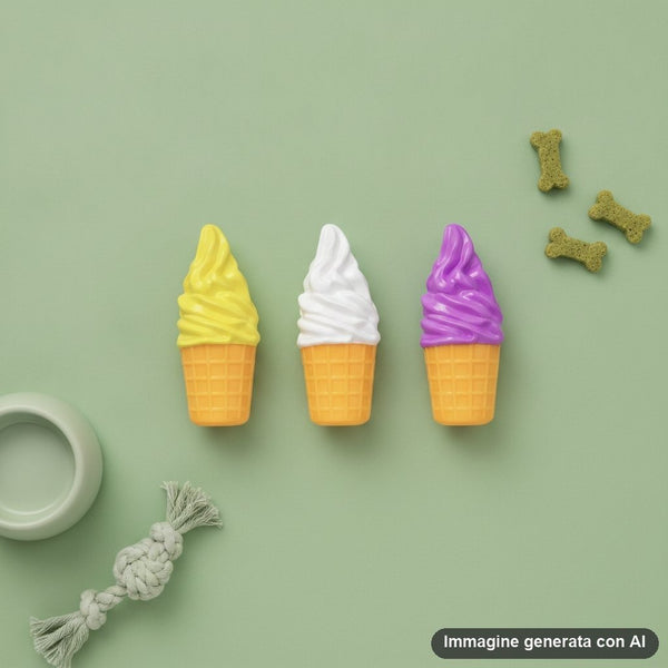 Tre giocattoli per animali a forma di gelato in cono: uno giallo, uno bianco e uno viola con squeak integrato