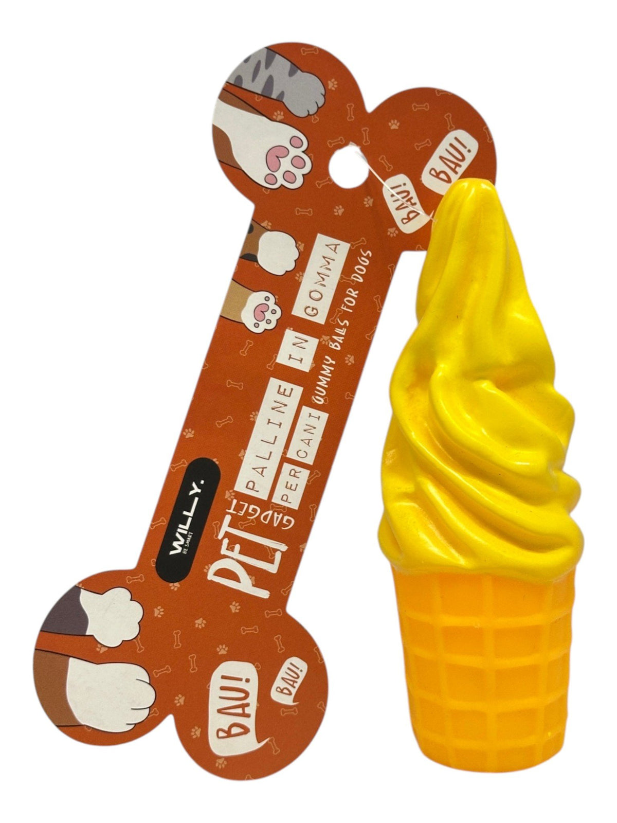 Tre giocattoli per animali a forma di gelato in cono: uno giallo, uno bianco e uno viola con squeak integrato