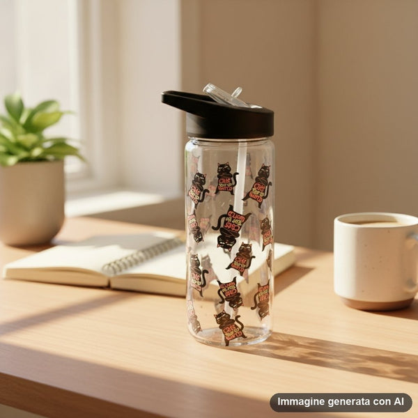 Borraccia trasparente da 650 ml con gatti neri disegnati, tappo nero e cannuccia
