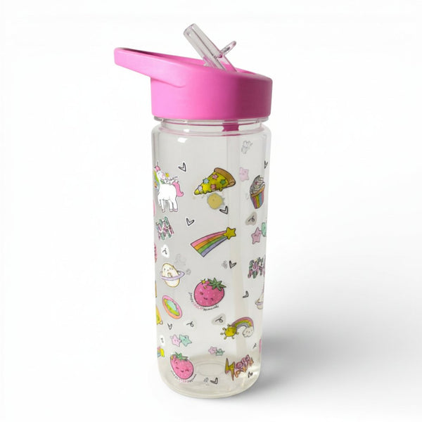Borraccia trasparente da 650 ml con unicorni, arcobaleni e dolcetti, tappo fucsia
