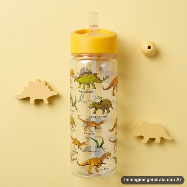 Borraccia trasparente da 650 ml con dinosauri illustrati, tappo giallo e cannuccia